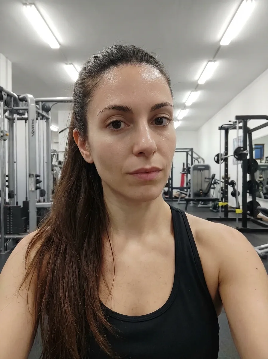 Original selfie input — woman in a black tank top, gym mirror selfie